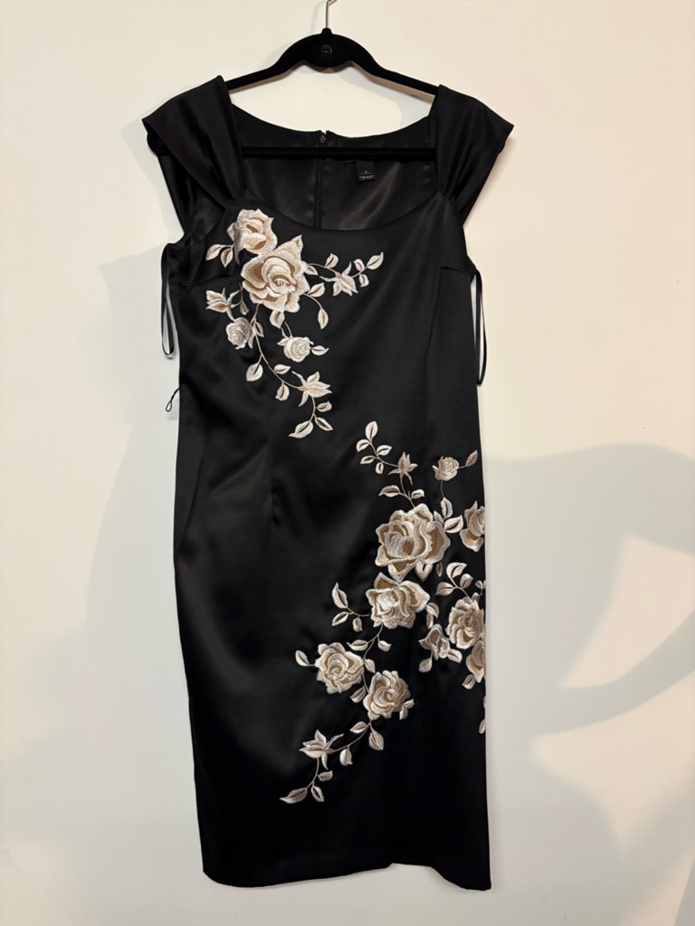 White House Black Market Black Midi Dress with Cream Floral Embroidery